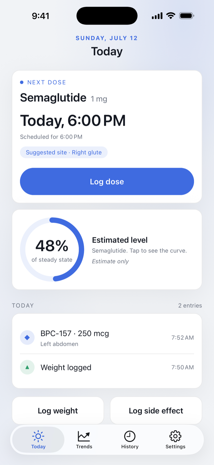 Aloft today screen with next dose